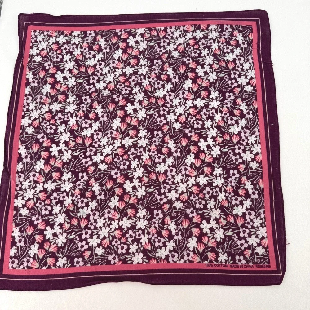 Vintage Burgundy Floral‎ Cotton Bandanna Scarf Wildflower Print RN52469